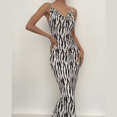 Zebra print contrast cowl neck backless slit low cut midi dress