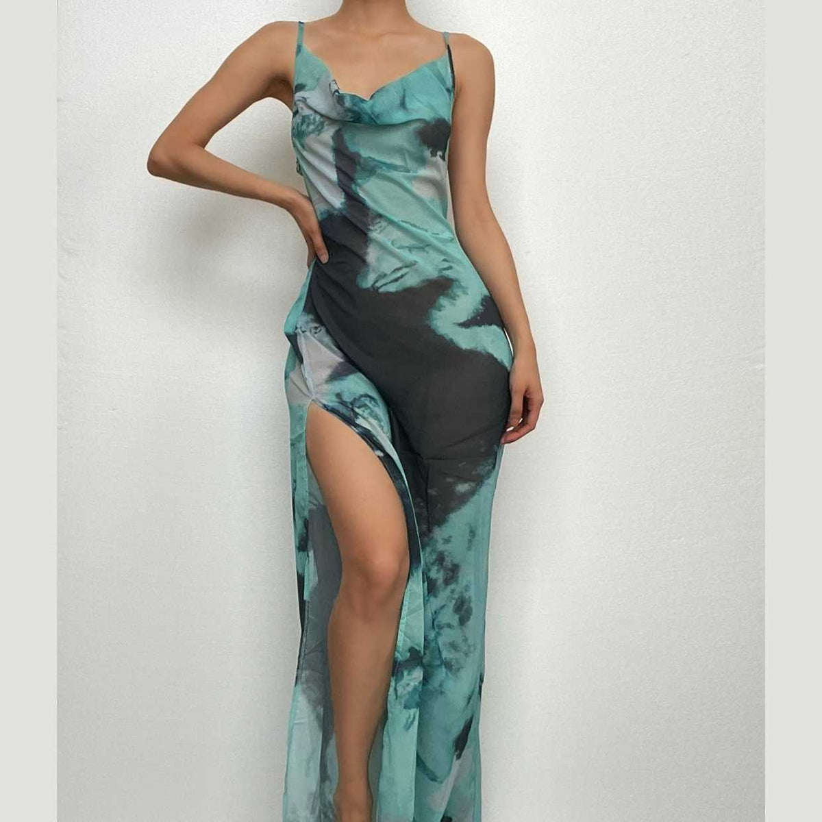 Slit chiffon tie dye contrast backless cowl neck cami maxi dress