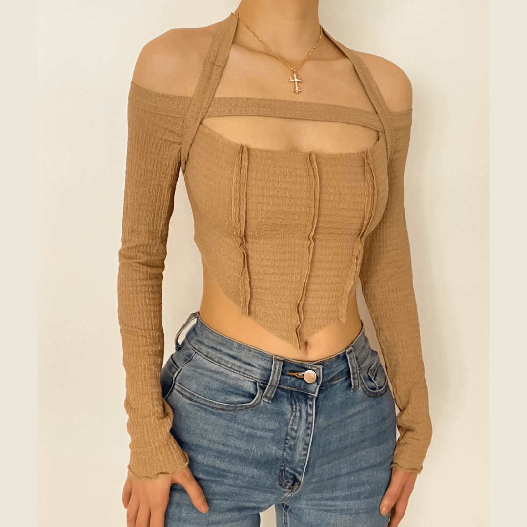 Hollow out front ruffled solid halter crop top