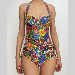 Traje de baño bikini con cuello halter, relleno y lazo anudado con estampado floral en contraste