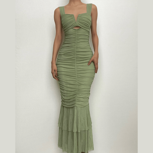 Solid ruched notch neck mesh zip-up ruffle maxi dress