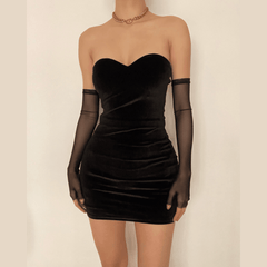 Heart neck velvet dress with mesh gloves