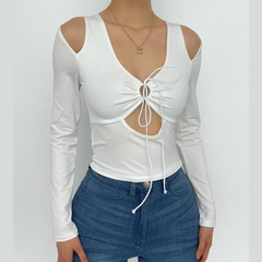 Hollow out solid long sleeve drawstring ruched off shoulder crop top