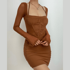 Mesh long sleeve solid ruched halter zip-up mini dress