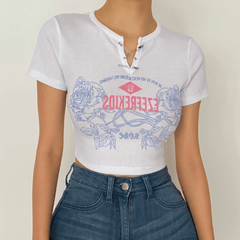 Print ribbed short sleeve pins crop top