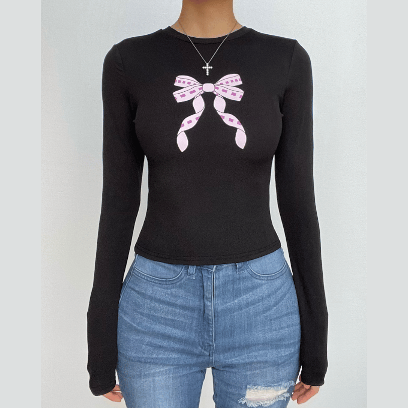 Bowknot pattern contrast crewneck long sleeve top