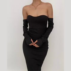 Long sleeve solid ribbed off shoulder backless tube dress