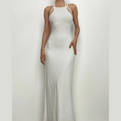 Halter solid sleeveless backless self tie maxi dress