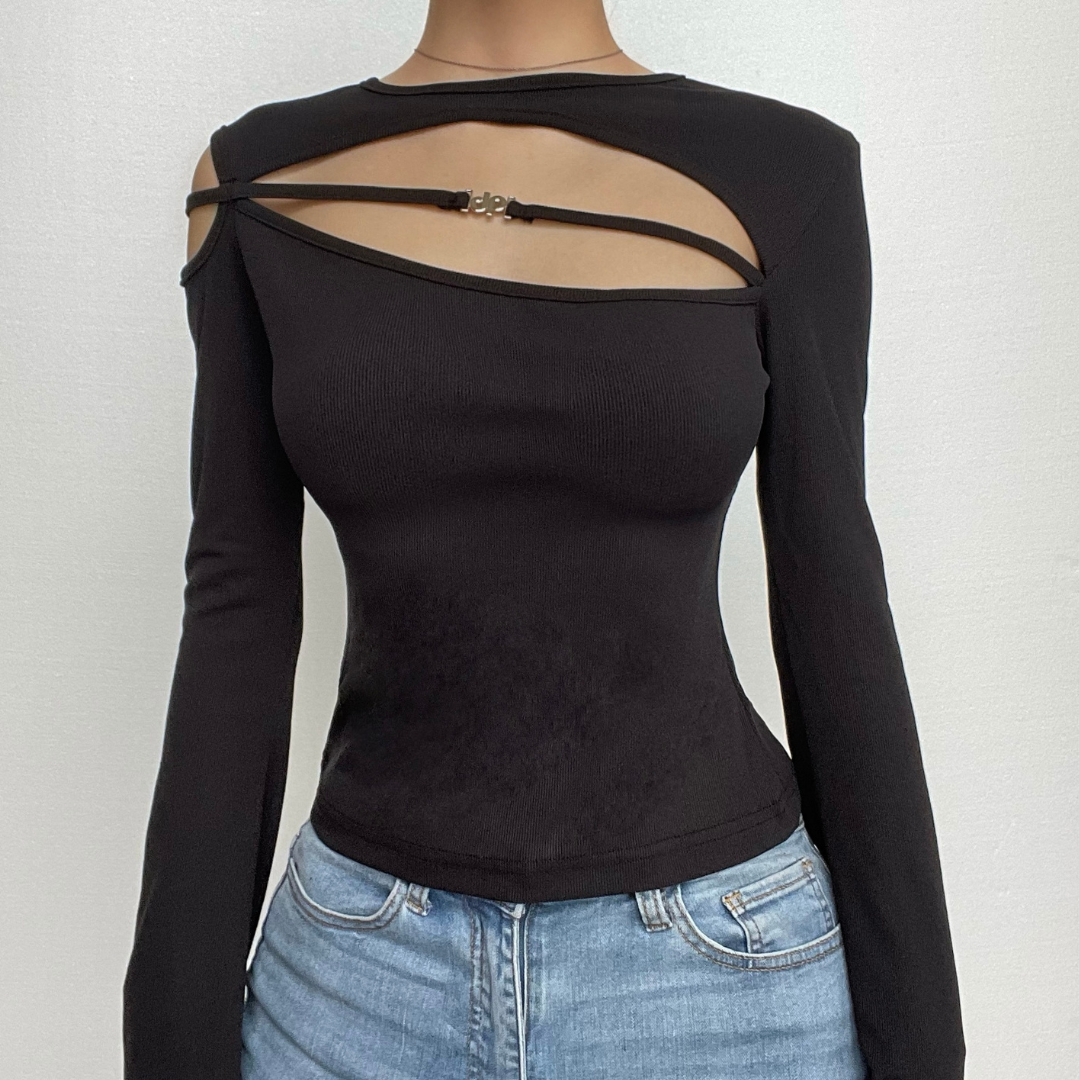 Hollow out long flared sleeve solid irregular top