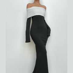 Off shoulder long sleeve contrast patchwork backless maxi dress