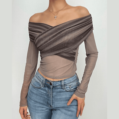 Mesh cross front off shoulder long sleeve ruched crop top