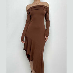 Irregular off shoulder long sleeve ruffle solid maxi dress