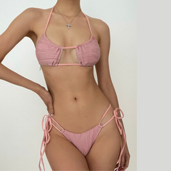 Traje de baño tipo bikini de tubo con relleno y lazo de textura sólida