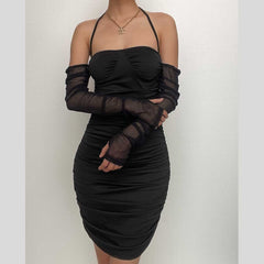 Mesh solid gloves halter off shoulder backless ruched mini dress