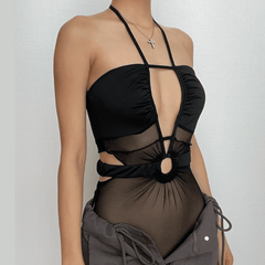 Mesh ruched hollow out o ring halter backless bodysuit