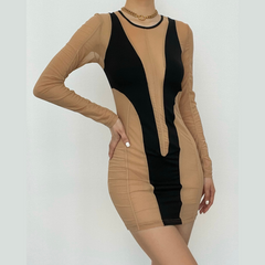 Long sleeve round neck contrast mesh patchwork mini dress