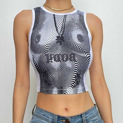 Body pattern contrast round neck sleeveless crop top