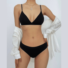 Traje de baño de bikini de tirantes con cuello en V y relleno sólido 