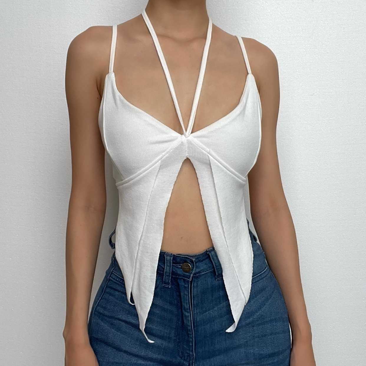 Einfarbiges Neckholder-Crop-Top mit geripptem Rückenausschnitt und Schlitz zum Selbstbinden