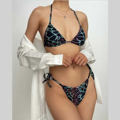 Rückenfreier Neckholder-Bikini mit Rüschen und Leopardenmuster, Kontrast-Print, zum Selbstbinden