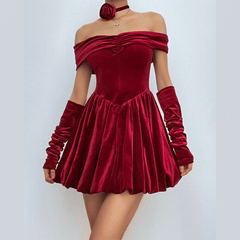 Velvet ruched zip-up off shoulder long sleeve solid mini dress