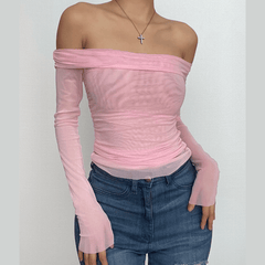 Mesh off shoulder ruched long sleeve solid top