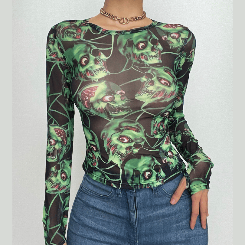 Skull pattern see through sheer mesh gloves long sleeve top