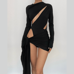 Langärmliges, einfarbiges Bodysuit-Minikleid-Rock-Set mit ausgehöhlten Knöpfen