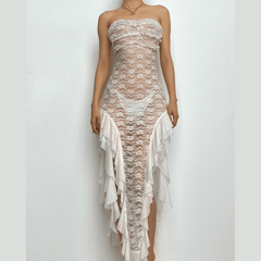 Vestido midi de tubo con abertura y espalda descubierta con volantes y encaje transparente 