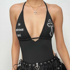 Drawstring halter cross pattern v neck backless self tie bodysuit