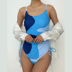 Contrast drawstring ruched self tie one piece swimwear