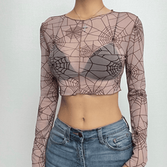 Spider web print long sleeve sheer mesh see through crop top