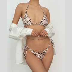 Traje de baño de 3 piezas con cuello halter, manga larga y estampado de leopardo, con lazo anudado en contraste 