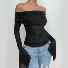 Ruched solid off shoulder long flared sleeve top