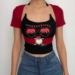 Zweiteiliges Crop-Top mit Neckholder und kurzen Ärmeln und Schnalle in Kontrastfarbe 