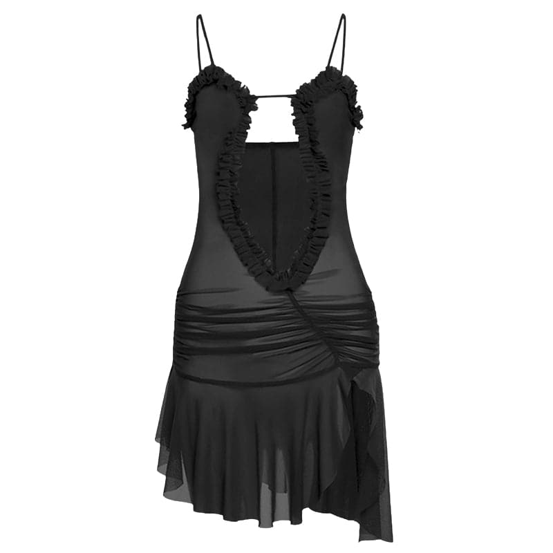 Ruched ruffle slit sheer mesh hollow out cami mini dress