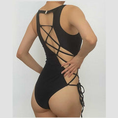 Hollow out lace up self tie one piece swimwear