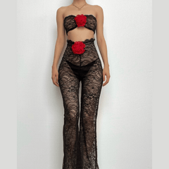 Flower applique contrast hollow out ruched lace contrast jumpsuit