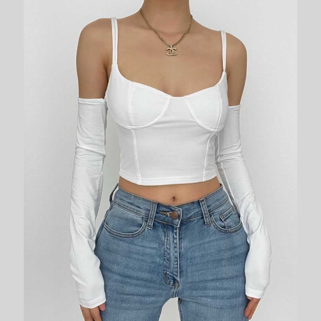 Solides, schulterfreies, rückenfreies Crop-Top mit langen Ärmeln und Reißverschluss 