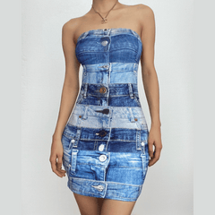 Denim print contrast backless tube mini dress