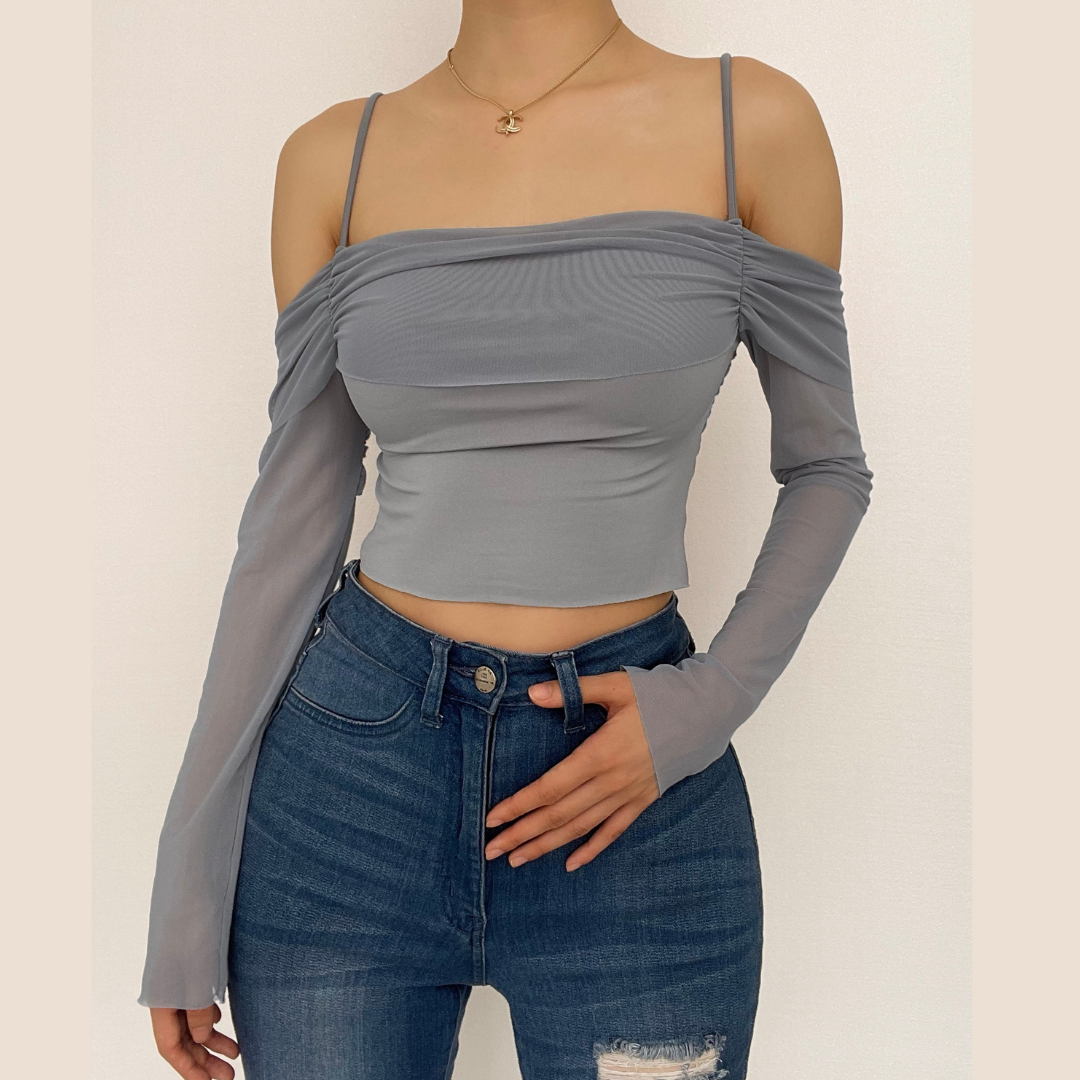 Ruched off shoulder mesh long sleeve crop cami top