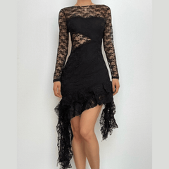 Lace backless solid ruffle long sleeve irregular mini dress