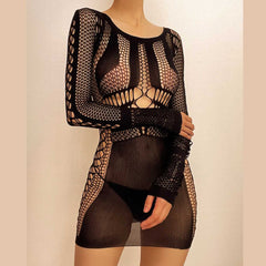 Fishnet long sleeve hollow out see through mini dress