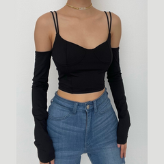 Solid long sleeve zip-up off shoulder backless crop top