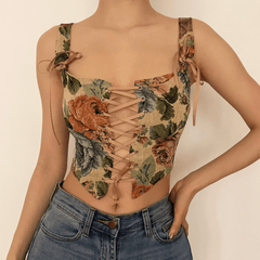 Print bow tie lace up bustier crop top