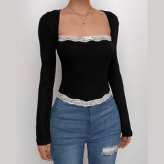 Lace hem contrast square neck long sleeve top