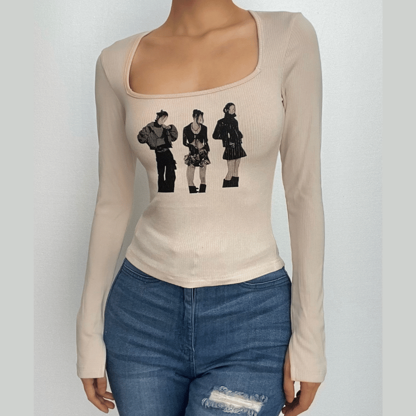 Ribbed contrast print long sleeve square neck top