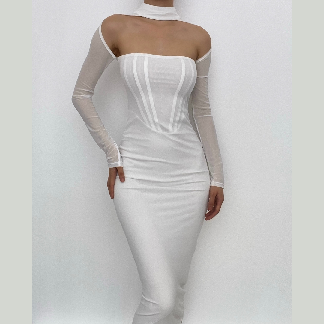 Solid halter mesh long sleeve zip-up hollow out midi dress