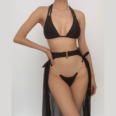 Ruched solid button mesh metal chain self tie 3 piece swimwear