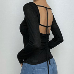 Round neck hollow out backless long sleeve solid top